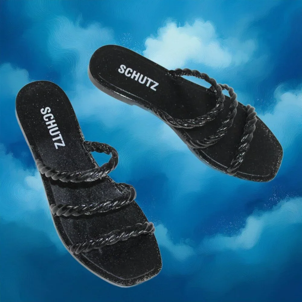 Schutz Diana Braided Black Gray Glitter Slip-On Slide Sandals, US Size 4-5